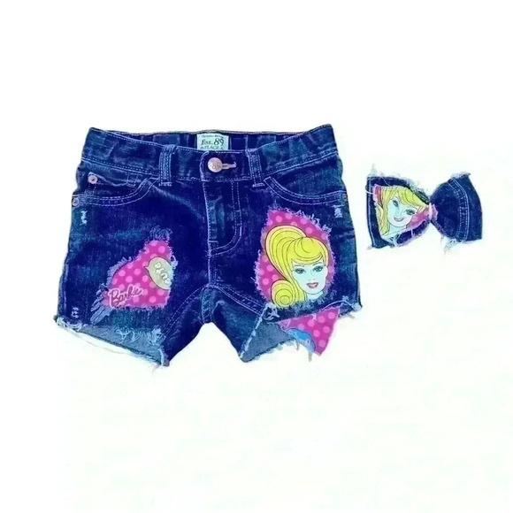 BARBIE 🎀 shorts girls distressed with matching hair bow🎀 - Picture 2 of 3